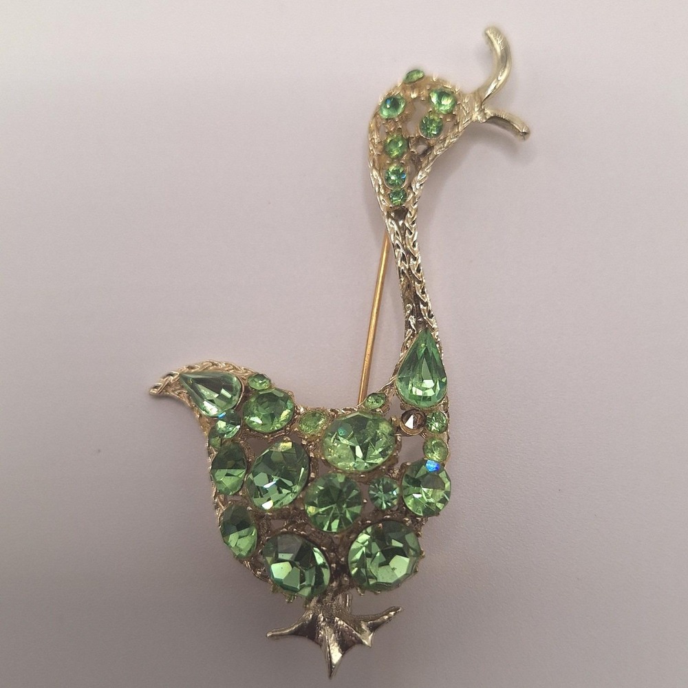 Vintage duck swan goose brooch green rhinestones Mid Century figural Retro
